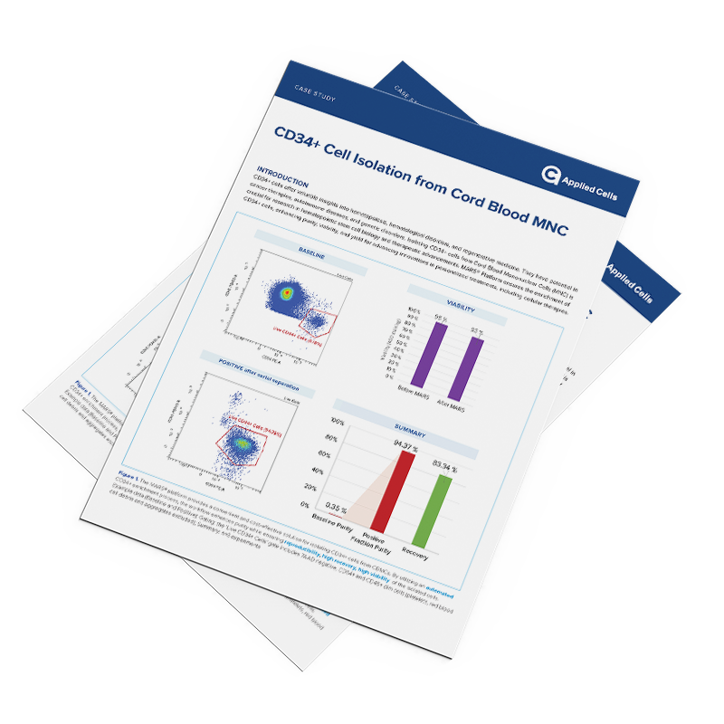 Application note highlighting benefits of CD34+ Cell Isolation from Cord Blood Mononuclear Cells (MNC) from Applied Cells MARS Bar